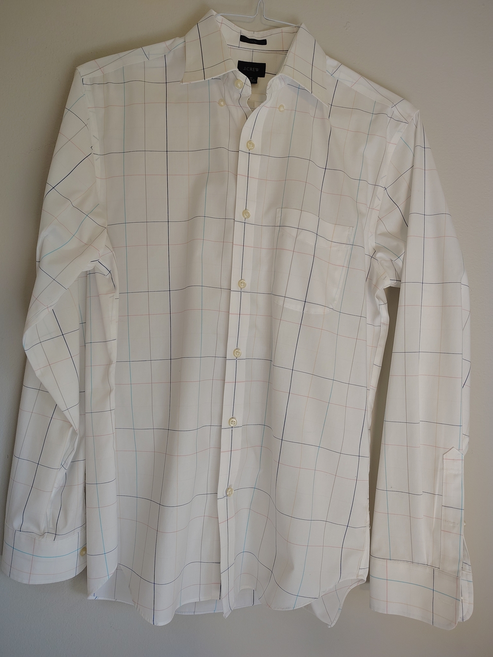 J. Crew White Button-Up Windowpane Dress Shirt with Multicolor Lines Slim Fit M
